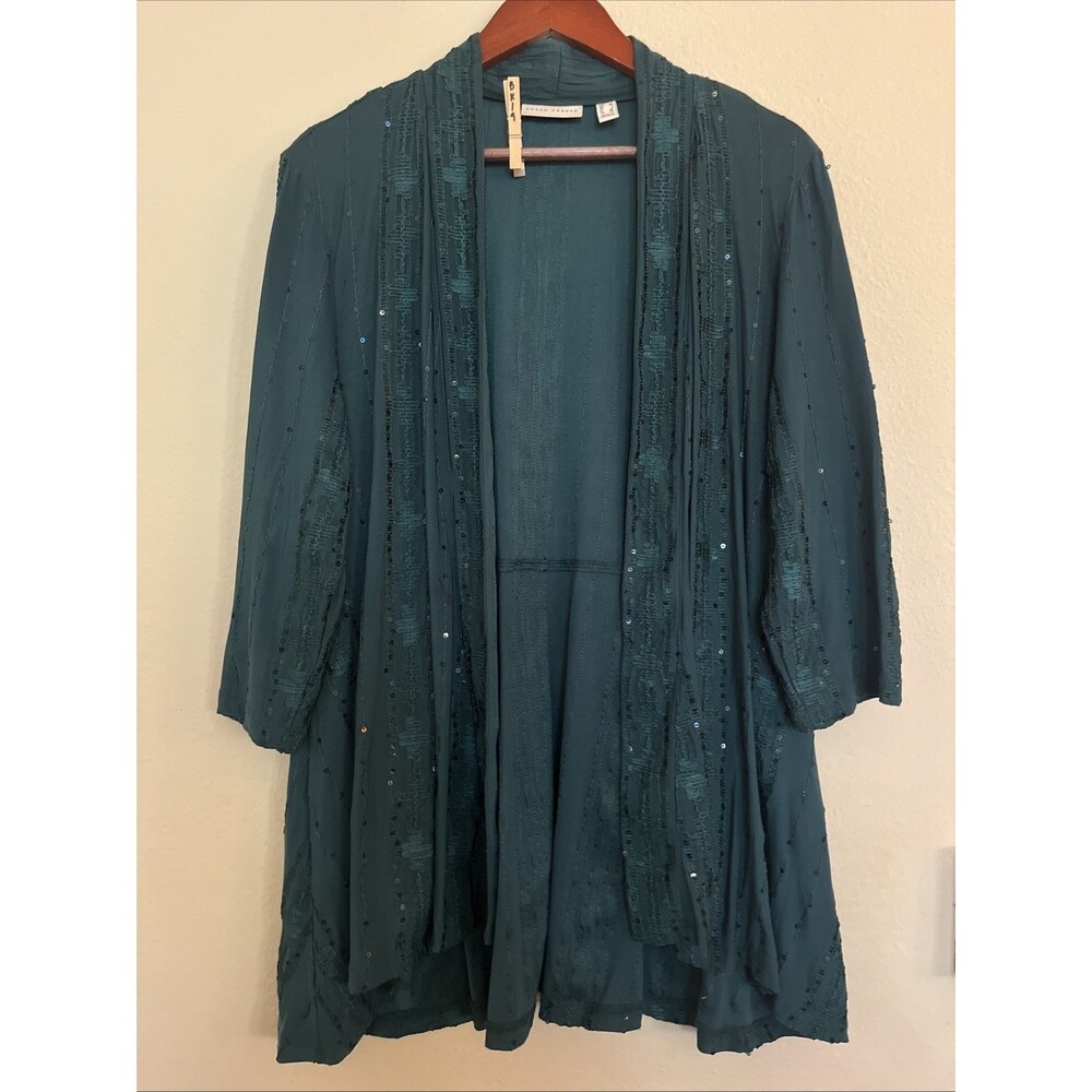 Susan Graver Open Front Embellished Teal Green 3/4 Sleeve Open Front Cardigan L